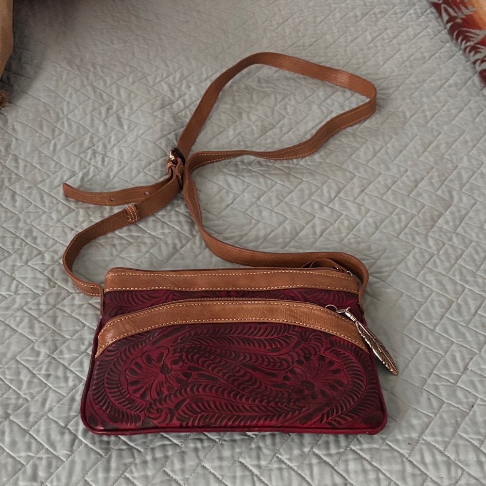 Elegant Burgundy and Tan Crossbody Bag